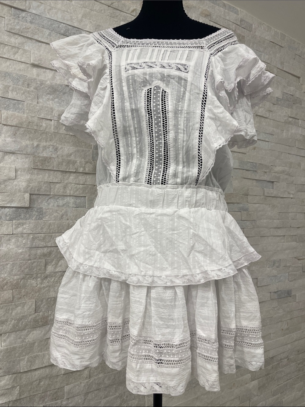 Olivaceous White Ruffle Lace Peplum Dress